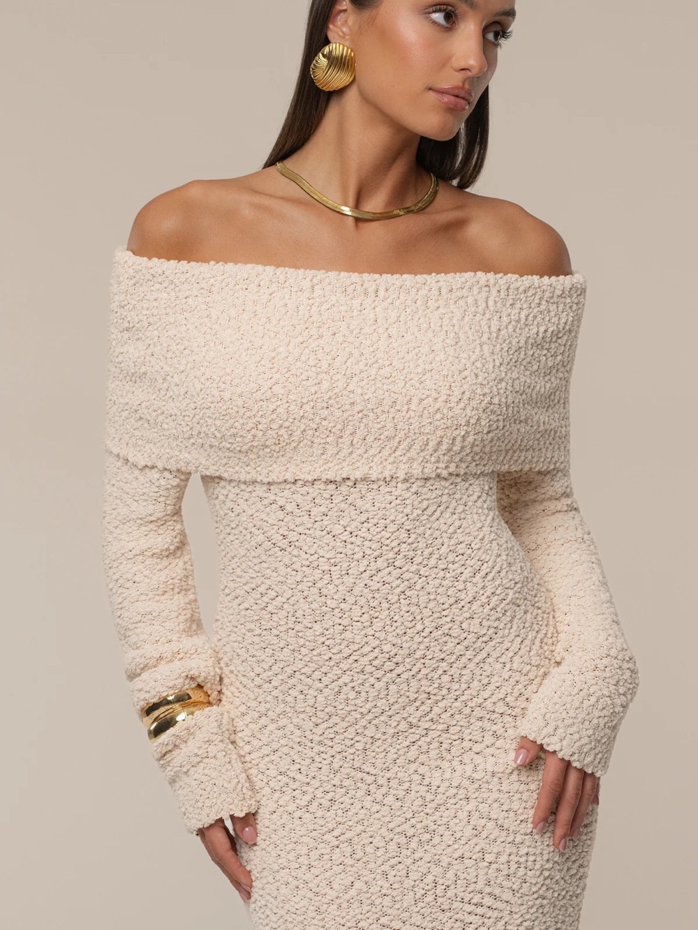 JLUXLABEL Off-Shoulder Cream Maxi Knit Dress - Picture 3 of 14